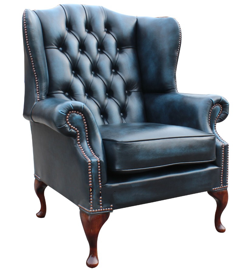 Product photograph of Chesterfield High Back Wing Chair Antique Blue Real Leather Bespoke In Mallory Style from Chesterfield Sofas.
