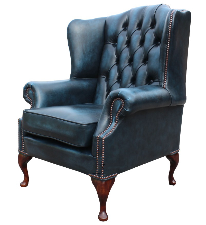 Product photograph of Chesterfield High Back Wing Chair Antique Blue Real Leather Bespoke In Mallory Style from Chesterfield Sofas.