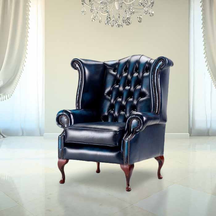 Product photograph of Chesterfield High Back Wing Chair Antique Blue Leather Bespoke In Queen Anne Style from Chesterfield Sofas