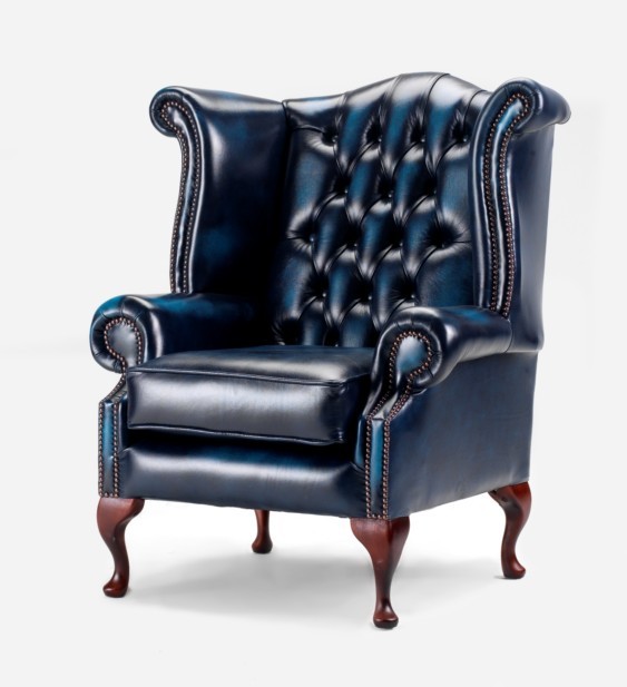 Product photograph of Chesterfield High Back Wing Chair Antique Blue Leather Bespoke In Queen Anne Style from Chesterfield Sofas.