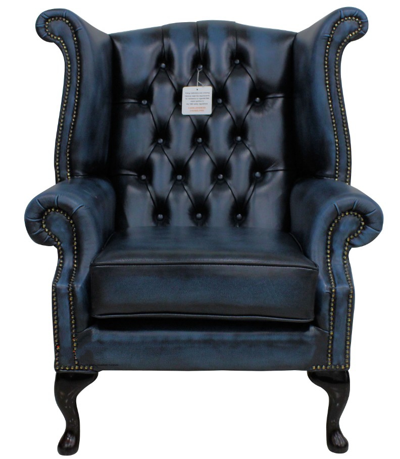 Product photograph of Chesterfield High Back Wing Chair Antique Blue Real Leather In Queen Anne Style from Chesterfield Sofas