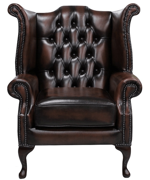 Product photograph of Chesterfield High Back Wing Chair Antique Brown Leather Bespoke In Queen Anne Style from Chesterfield Sofas