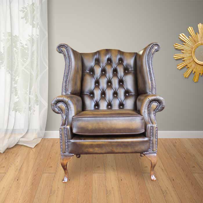 Product photograph of Chesterfield High Back Wing Chair Antique Gold Leather Bespoke In Queen Anne Style from Chesterfield Sofas