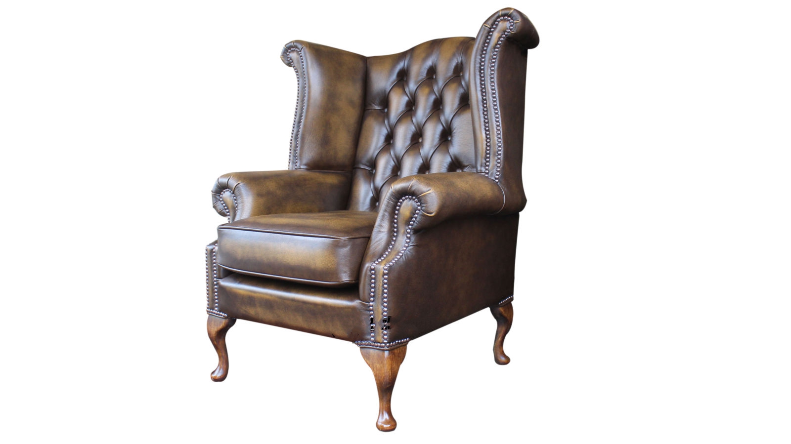 Product photograph of Chesterfield High Back Wing Chair Antique Gold Leather Bespoke In Queen Anne Style from Chesterfield Sofas.