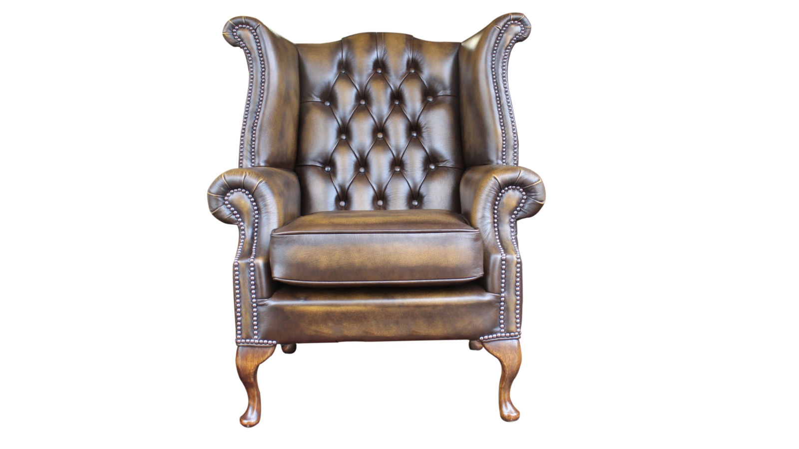 Product photograph of Chesterfield High Back Wing Chair Antique Gold Leather Bespoke In Queen Anne Style from Chesterfield Sofas.