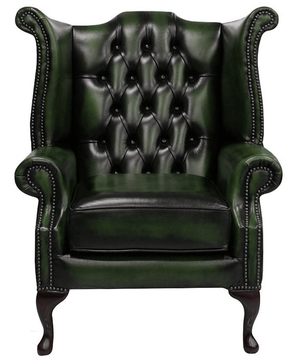Product photograph of Chesterfield High Back Wing Chair Antique Green Leather Bespoke In Queen Anne Style from Chesterfield Sofas