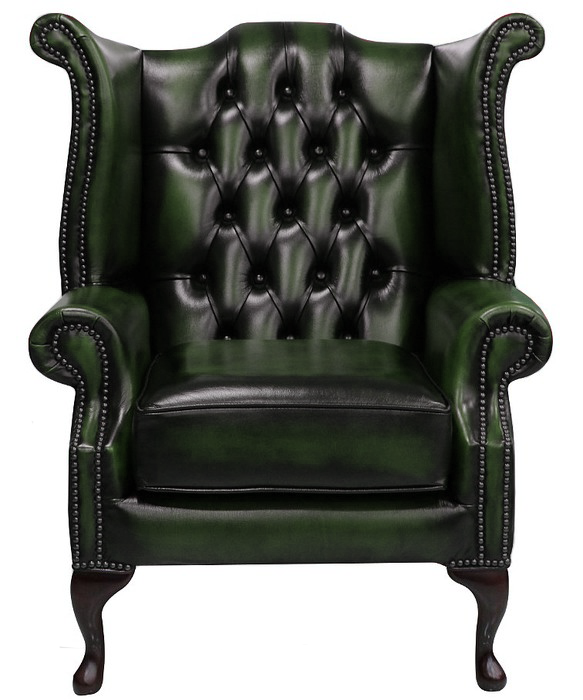 Product photograph of Chesterfield High Back Wing Chair Antique Green Real Leather In Queen Anne Style from Chesterfield Sofas