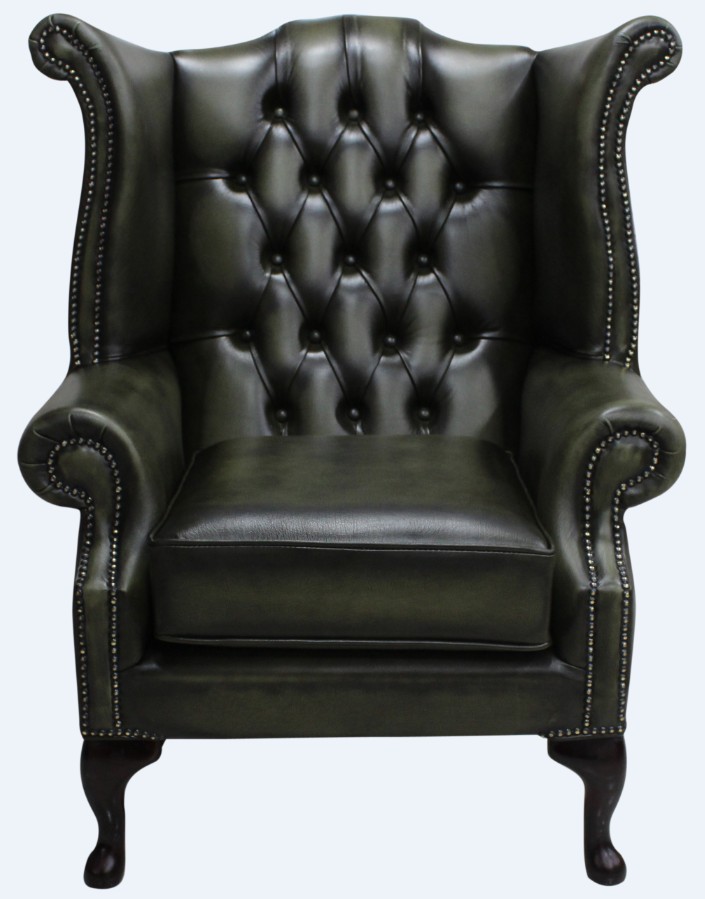 Product photograph of Chesterfield High Back Wing Chair Antique Olive Leather Bespoke In Queen Anne Style from Chesterfield Sofas