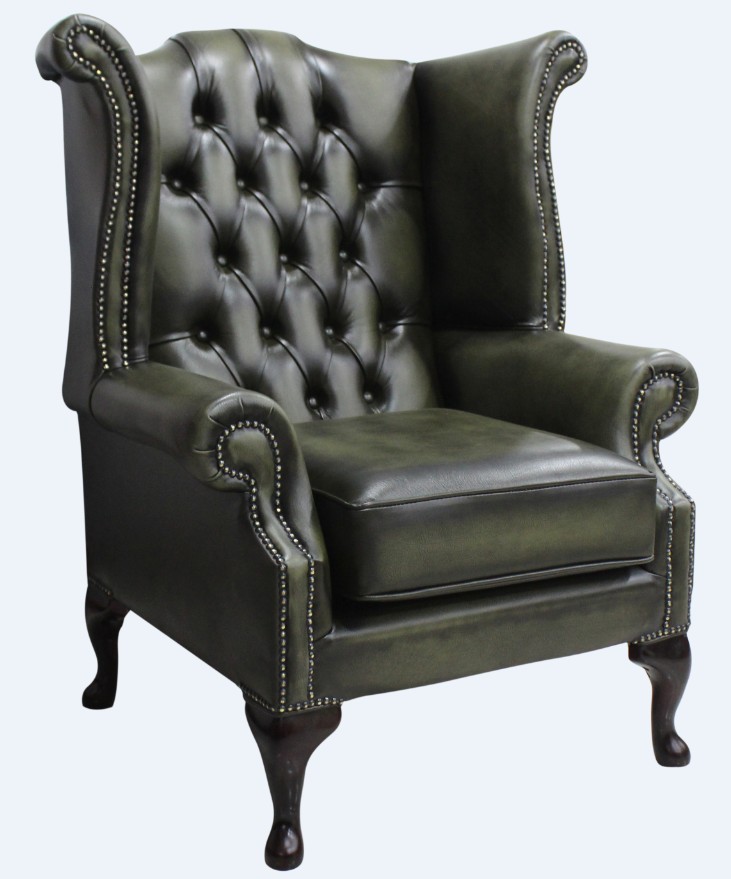 Product photograph of Chesterfield High Back Wing Chair Antique Olive Leather Bespoke In Queen Anne Style from Chesterfield Sofas.
