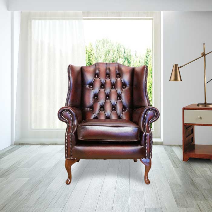 Product photograph of Chesterfield High Back Wing Chair Antique Oxblood Leather Bespoke In Mallory Style from Chesterfield Sofas