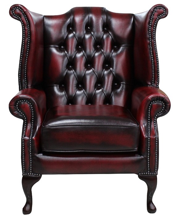 Product photograph of Chesterfield High Back Wing Chair Antique Oxblood Red Real Leather In Queen Anne Style from Chesterfield Sofas