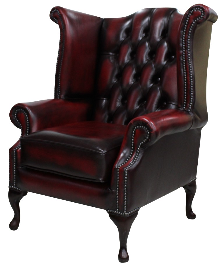 Product photograph of Chesterfield High Back Wing Chair Antique Oxblood Red Real Leather Bespoke In Queen Anne Style from Chesterfield Sofas.