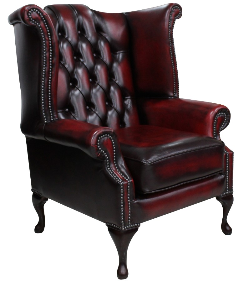 Product photograph of Chesterfield High Back Wing Chair Antique Oxblood Red Real Leather Bespoke In Queen Anne Style from Chesterfield Sofas.