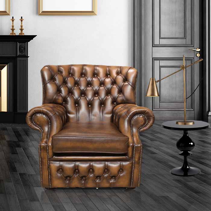 Product photograph of Chesterfield High Back Wing Chair Antique Tan Leather Armchair In Monks Style from Chesterfield Sofas