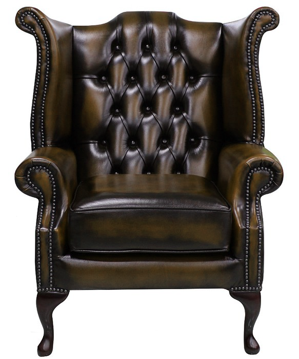 Product photograph of Chesterfield High Back Wing Chair Antique Tan Leather In Queen Anne Style from Chesterfield Sofas