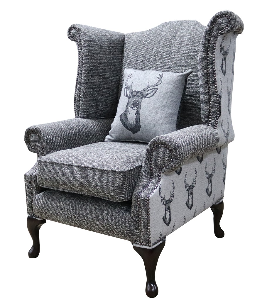 Product photograph of Chesterfield High Back Wing Chair Antler Stag Charcoal Grey Fabric In Queen Anne Style from Chesterfield Sofas.