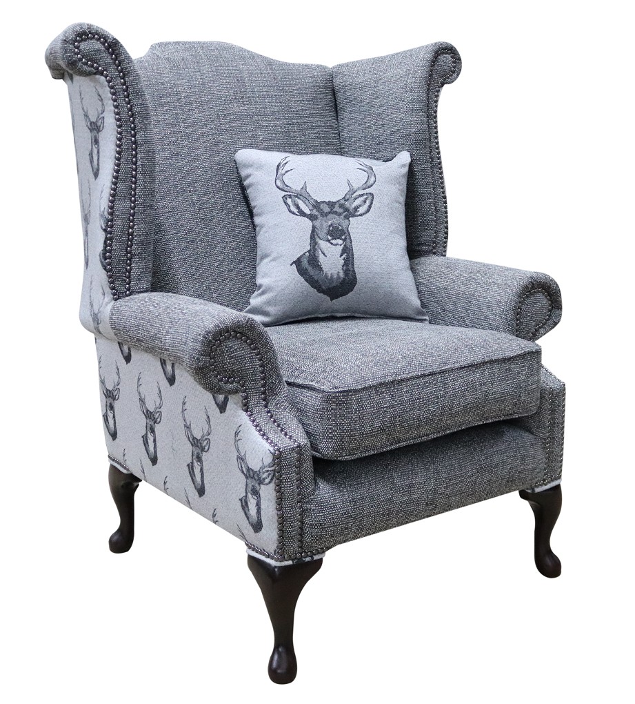 Product photograph of Chesterfield High Back Wing Chair Antler Stag Charcoal Grey Fabric In Queen Anne Style from Chesterfield Sofas