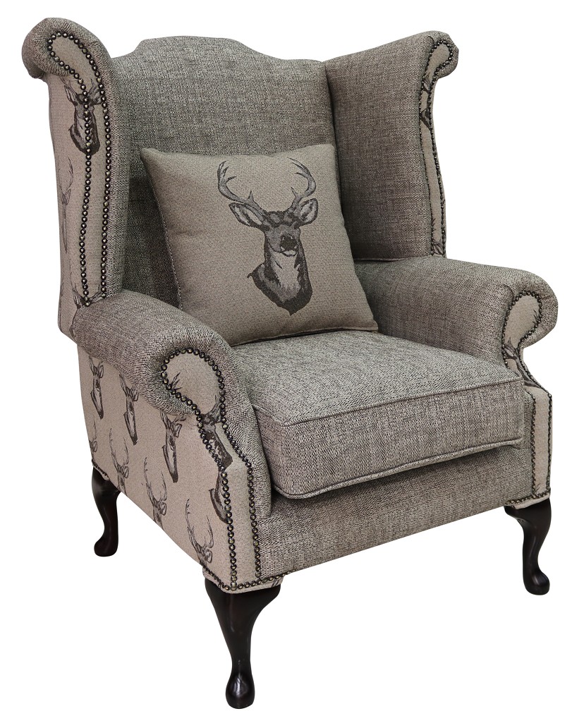 Product photograph of Chesterfield High Back Wing Chair Antler Stag Chocolate Brown Fabric In Queen Anne Style from Chesterfield Sofas