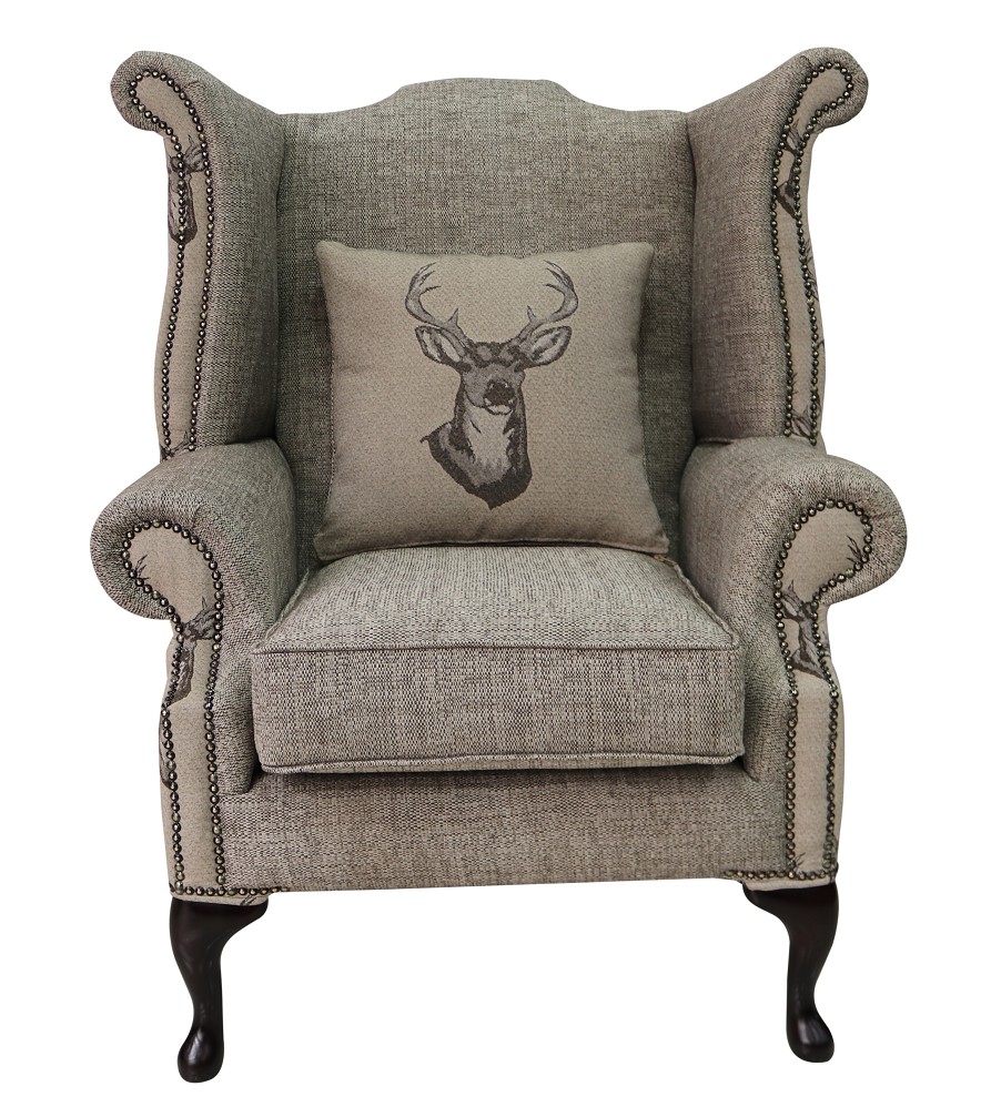 Product photograph of Chesterfield High Back Wing Chair Antler Stag Chocolate Brown Fabric In Queen Anne Style from Chesterfield Sofas.