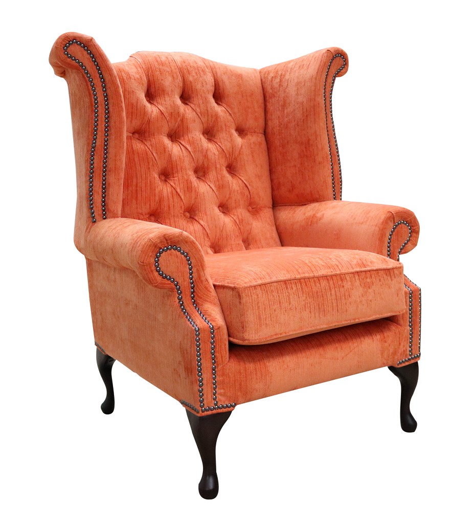 Product photograph of Chesterfield High Back Wing Chair Azzuro Tangerine Orange Fabric In Queen Anne Style from Chesterfield Sofas