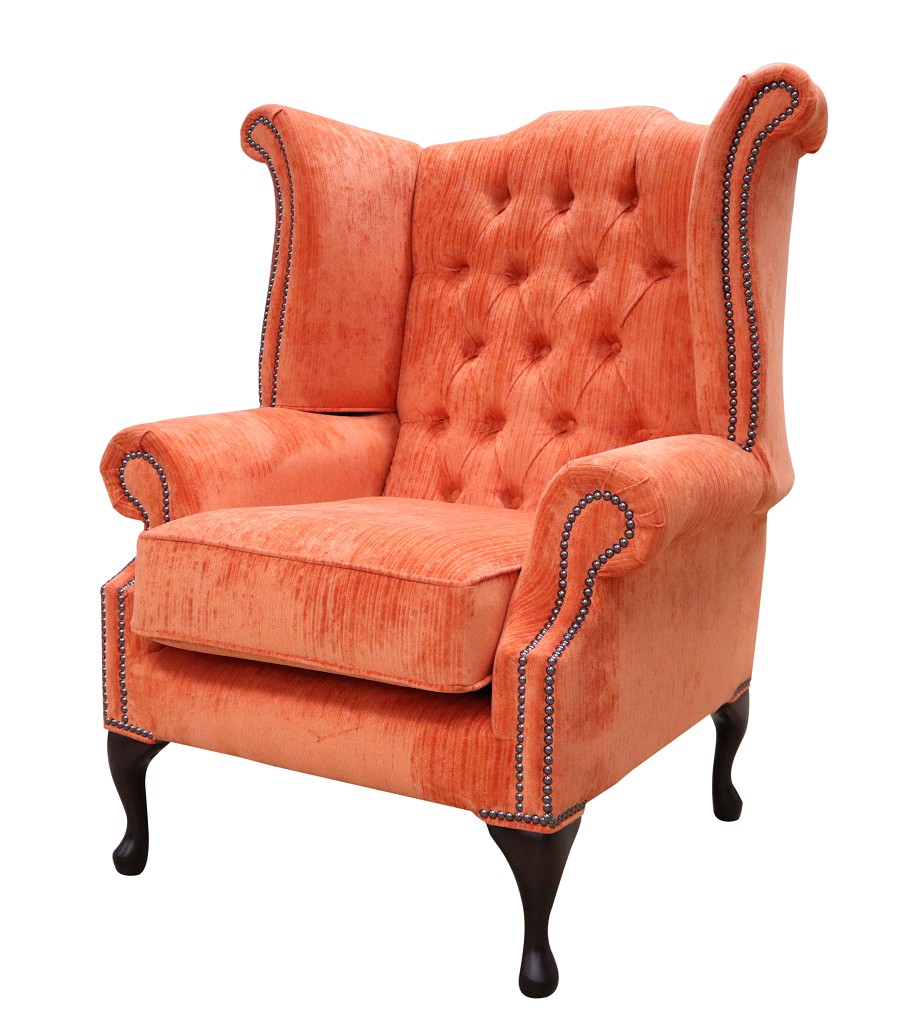 Product photograph of Chesterfield High Back Wing Chair Azzuro Tangerine Orange Fabric In Queen Anne Style from Chesterfield Sofas.
