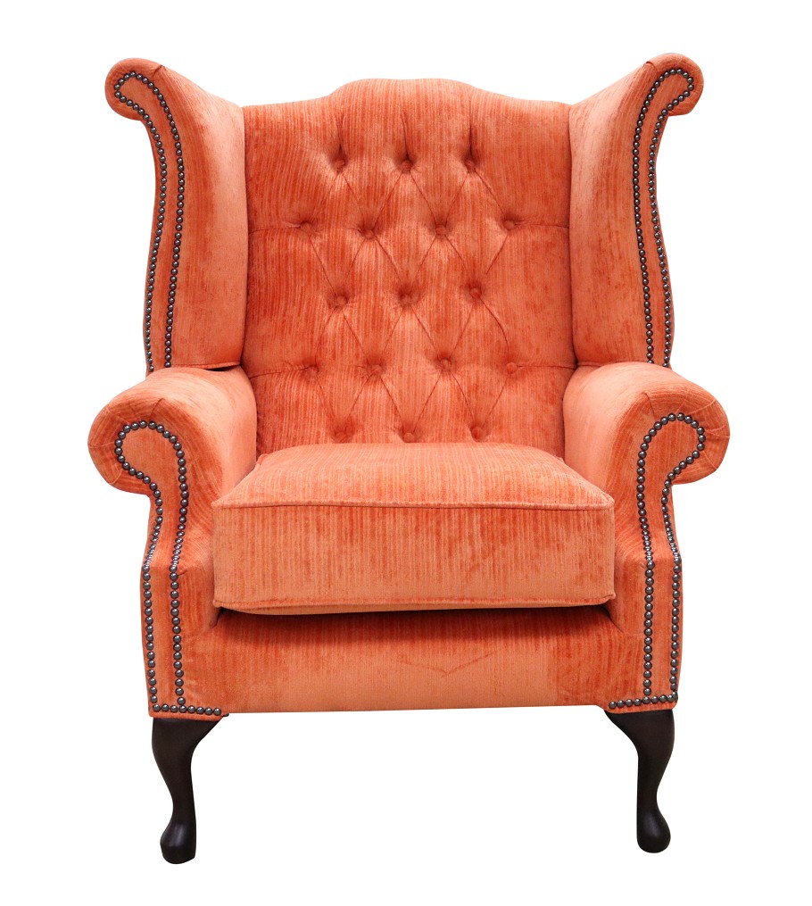 Product photograph of Chesterfield High Back Wing Chair Azzuro Tangerine Orange Fabric In Queen Anne Style from Chesterfield Sofas.