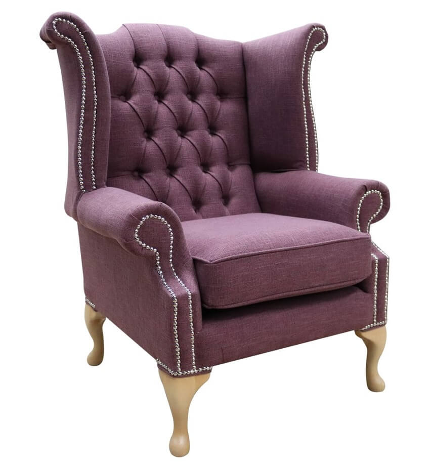 Product photograph of Chesterfield High Back Wing Chair Bacio Damson Purple Fabric In Queen Anne Style from Chesterfield Sofas