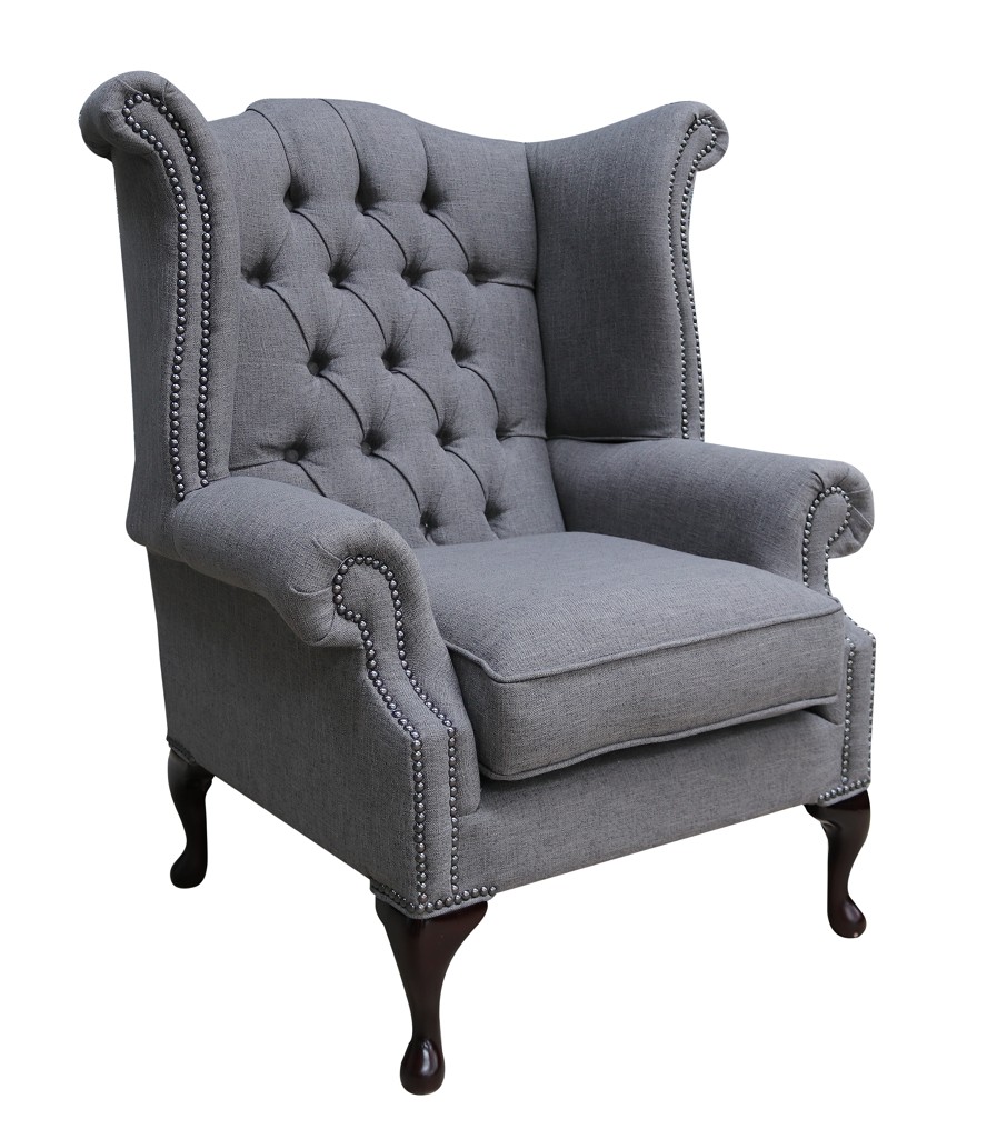 Product photograph of Chesterfield High Back Wing Chair Bacio Pewter Grey Fabric In Queen Anne Style from Chesterfield Sofas