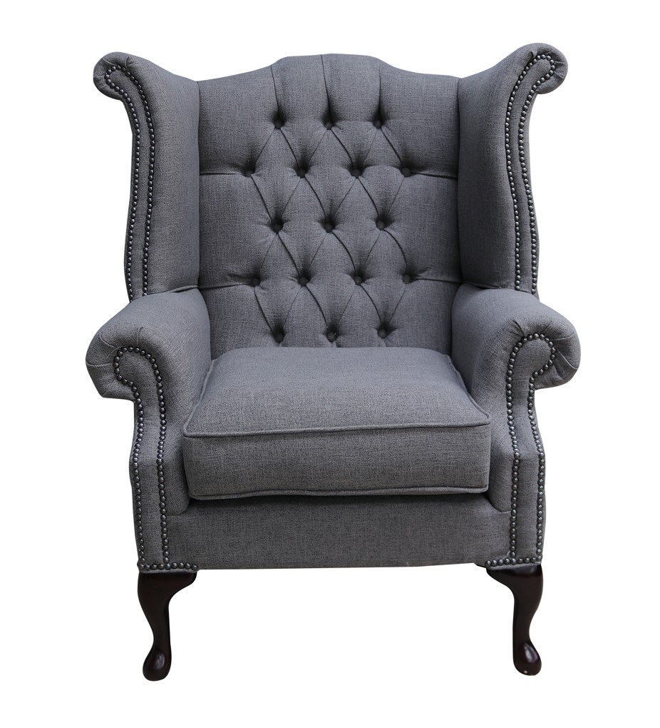 Product photograph of Chesterfield High Back Wing Chair Bacio Pewter Grey Fabric In Queen Anne Style from Chesterfield Sofas.