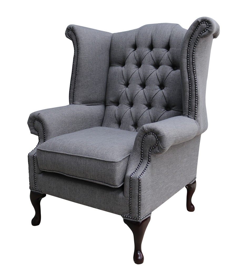 Product photograph of Chesterfield High Back Wing Chair Bacio Pewter Grey Fabric In Queen Anne Style from Chesterfield Sofas.