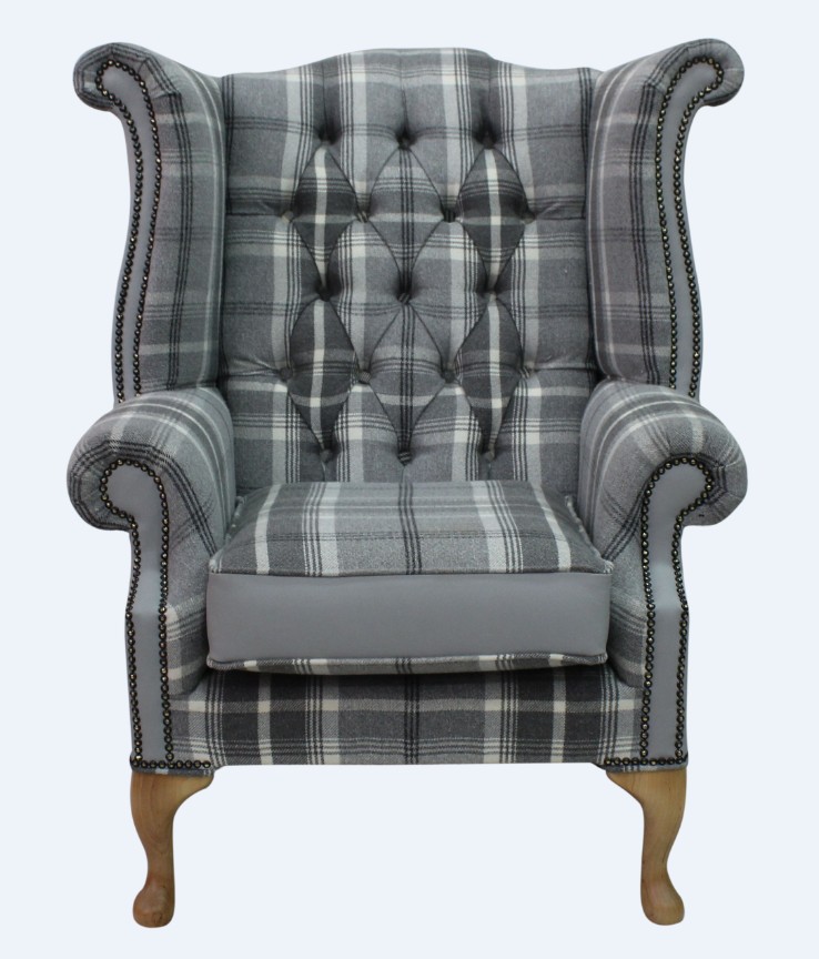 Product photograph of Chesterfield High Back Wing Chair Balmoral Dove Silver Grey Real Fabric And Leather In Queen Anne Style from Chesterfield Sofas