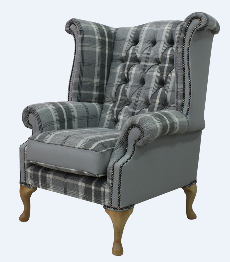 Product photograph of Chesterfield High Back Wing Chair Balmoral Dove Silver Grey Real Fabric And Leather In Queen Anne Style from Chesterfield Sofas.