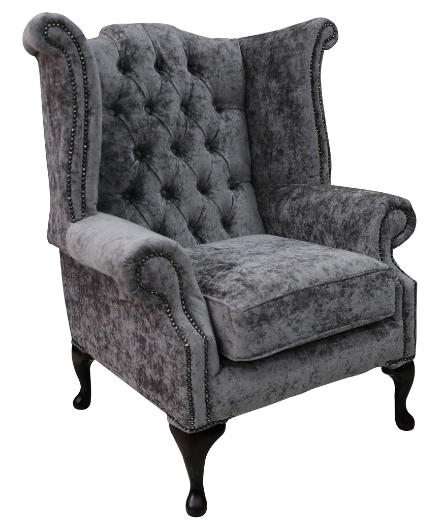 Product photograph of Chesterfield High Back Wing Chair Belvedere Pewter Grey Fabric In Queen Anne Style from Chesterfield Sofas
