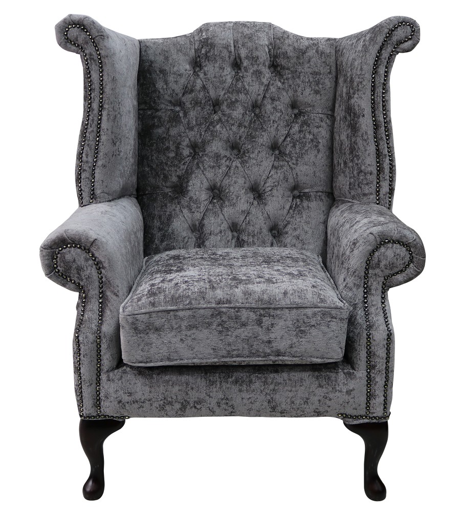 Product photograph of Chesterfield High Back Wing Chair Belvedere Pewter Grey Fabric In Queen Anne Style from Chesterfield Sofas.