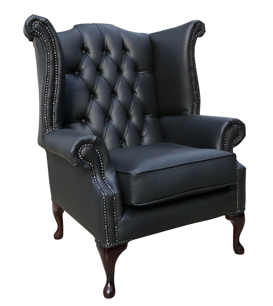 Product photograph of Chesterfield High Back Wing Chair Bonded Black Real Leather In Queen Anne Style from Chesterfield Sofas