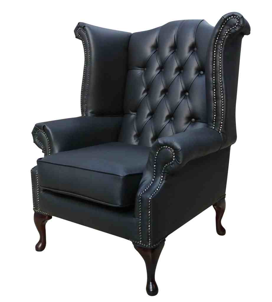 Product photograph of Chesterfield High Back Wing Chair Bonded Black Real Leather In Queen Anne Style from Chesterfield Sofas.