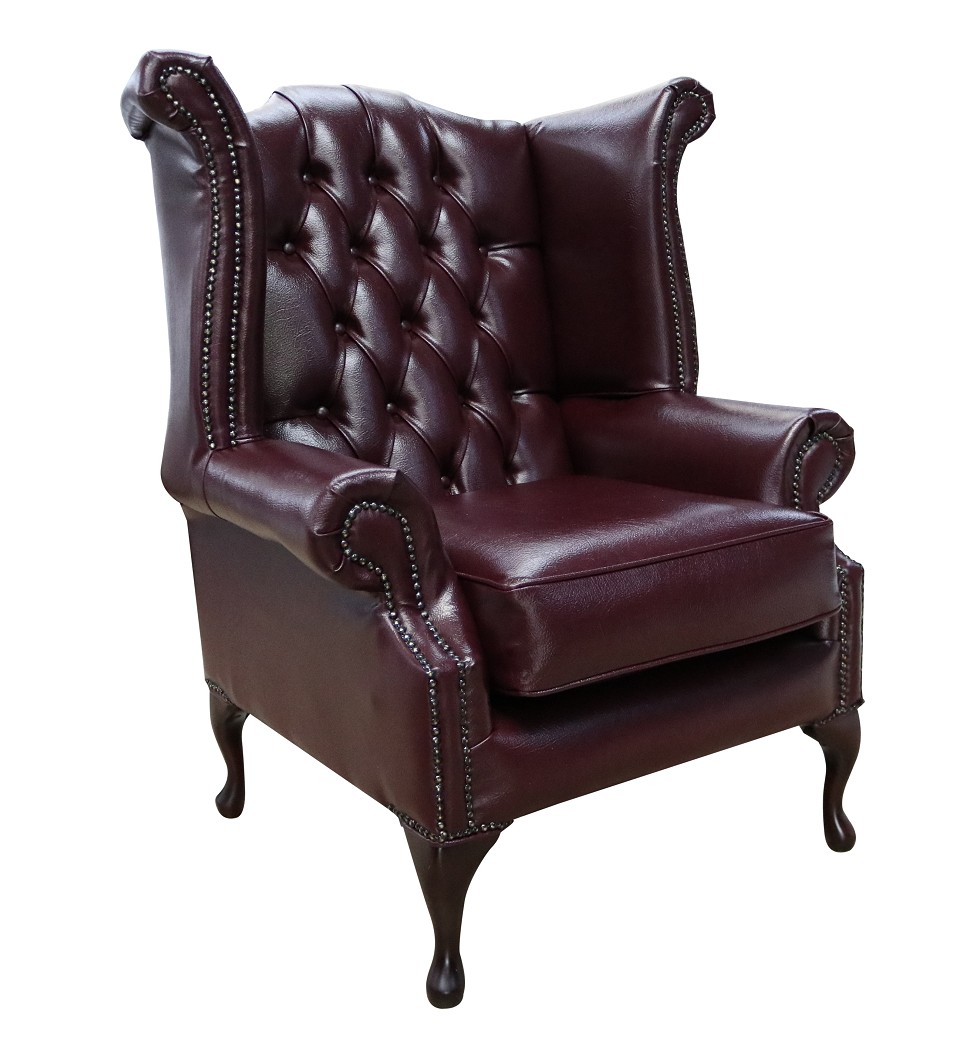 Product photograph of Chesterfield High Back Wing Chair Bonded Burgandy Real Leather Bespoke In Queen Anne Style from Chesterfield Sofas