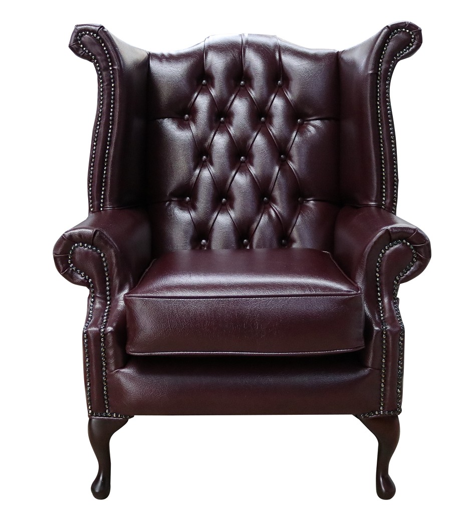 Product photograph of Chesterfield High Back Wing Chair Bonded Burgandy Real Leather Bespoke In Queen Anne Style from Chesterfield Sofas.