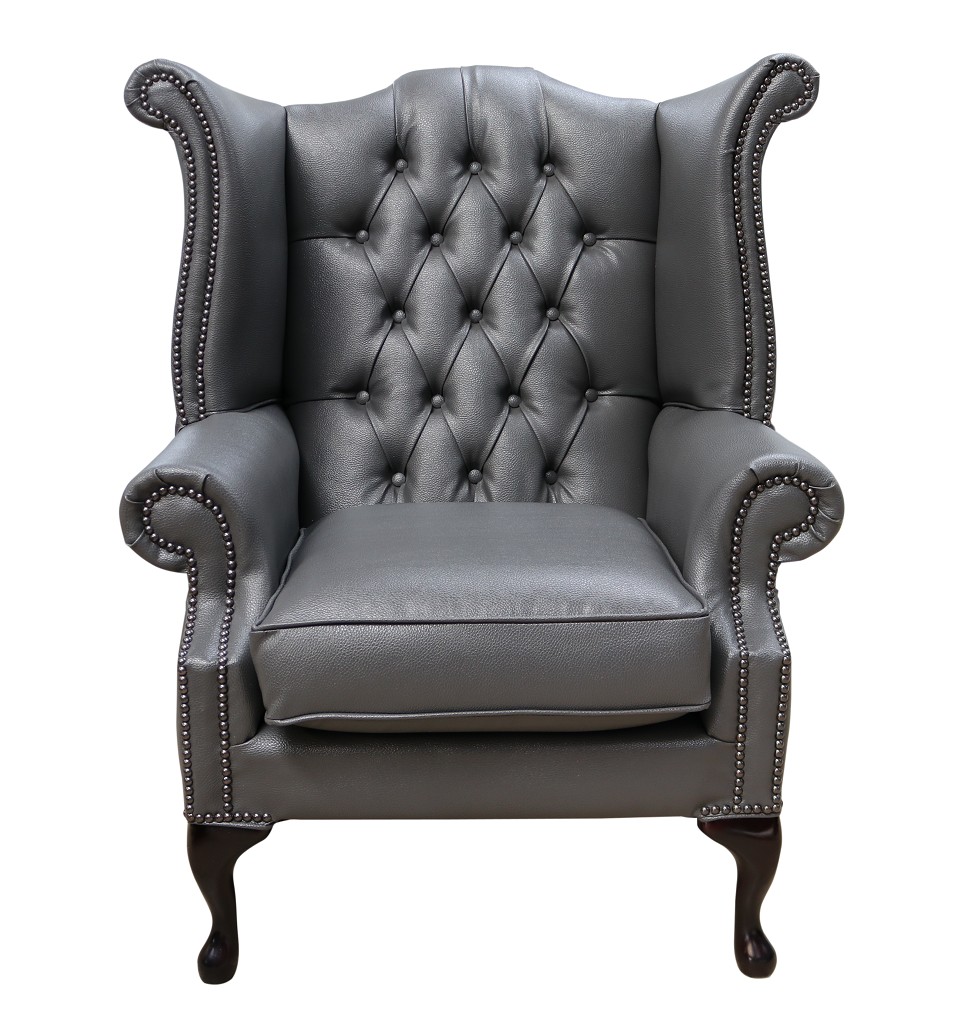 Product photograph of Chesterfield High Back Wing Chair Bonded Grey Leather Bespoke In Queen Anne Style from Chesterfield Sofas