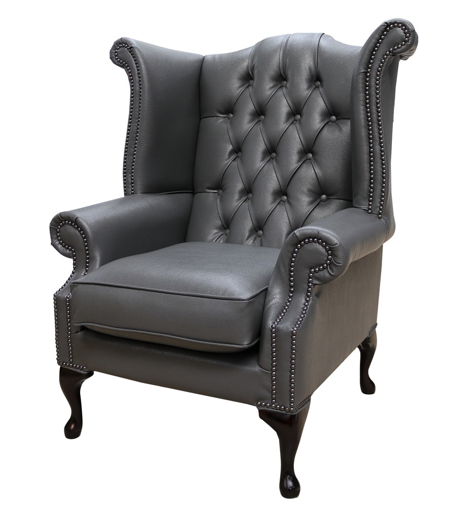 Product photograph of Chesterfield High Back Wing Chair Bonded Grey Leather Bespoke In Queen Anne Style from Chesterfield Sofas.