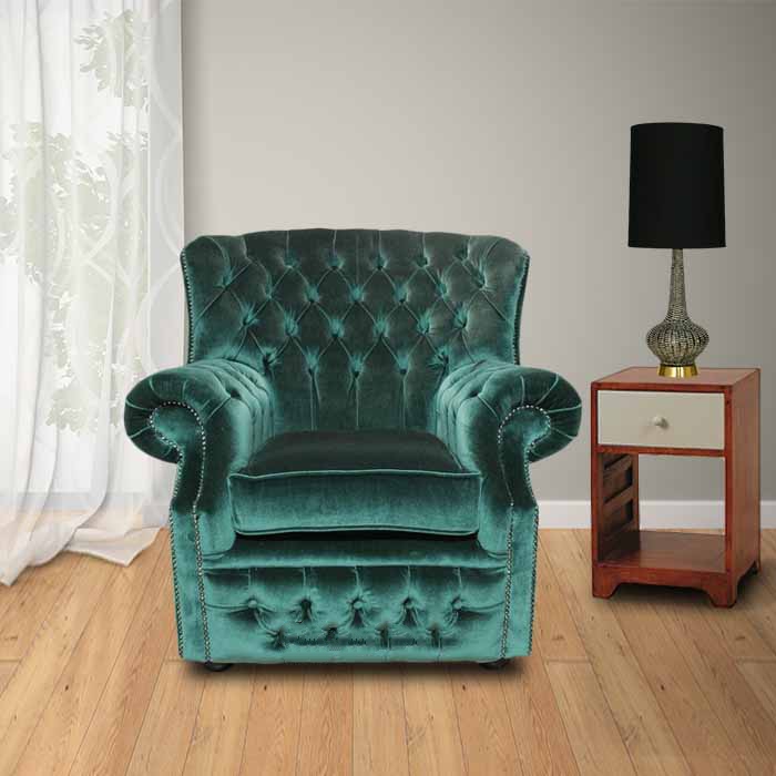 Product photograph of Chesterfield High Back Wing Chair Bottle Green Velvet Bespoke In Monks Style from Chesterfield Sofas