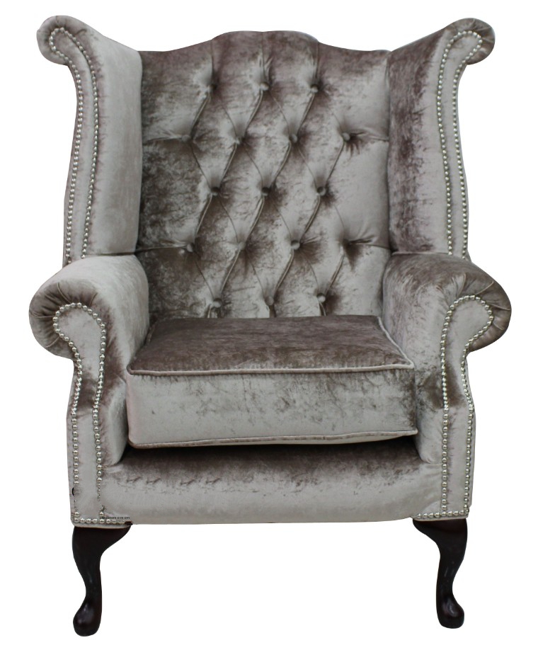 Product photograph of Chesterfield High Back Wing Chair Boutique Beige Velvet Bespoke In Queen Anne Style from Chesterfield Sofas