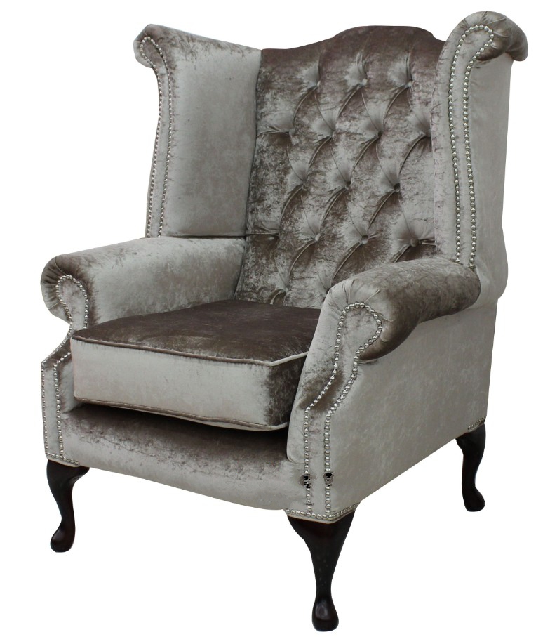 Product photograph of Chesterfield High Back Wing Chair Boutique Beige Velvet Bespoke In Queen Anne Style from Chesterfield Sofas.