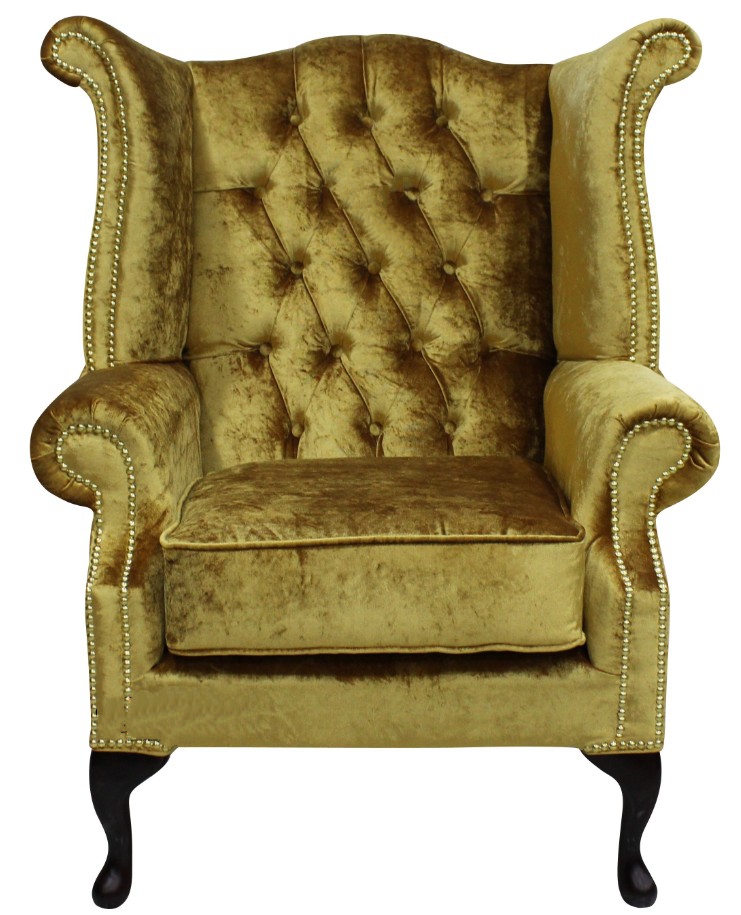 Product photograph of Chesterfield High Back Wing Chair Boutique Gold Velvet Bespoke In Queen Anne Style from Chesterfield Sofas