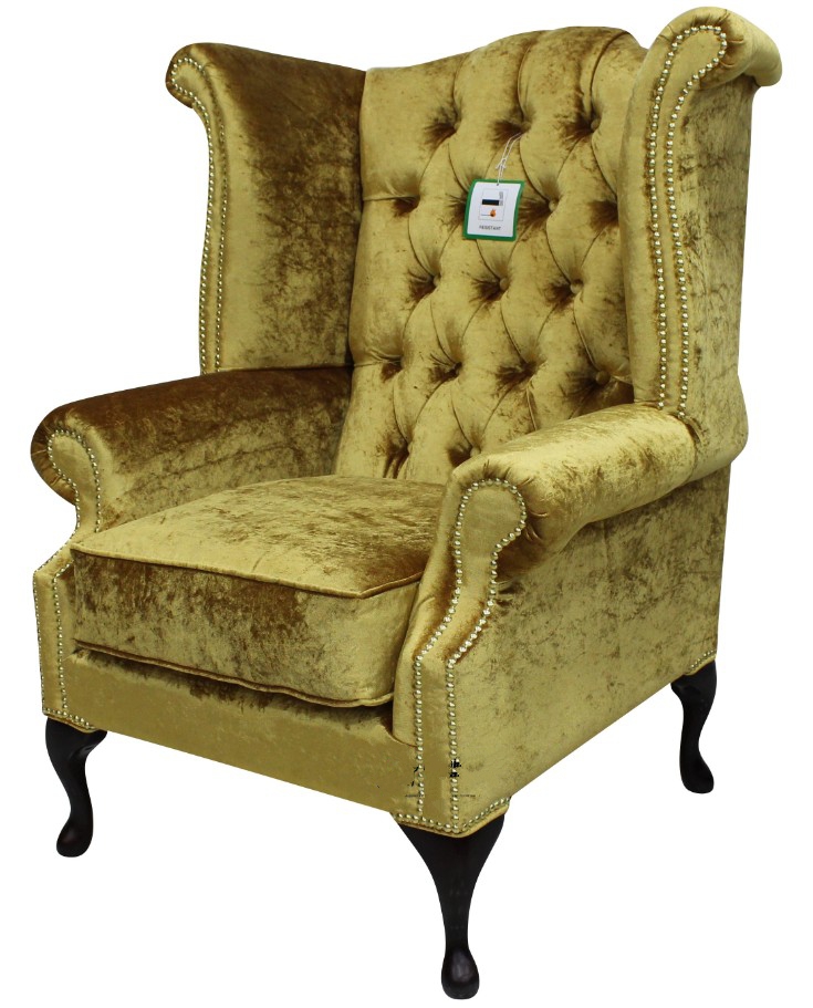 Product photograph of Chesterfield High Back Wing Chair Boutique Gold Velvet Bespoke In Queen Anne Style from Chesterfield Sofas.