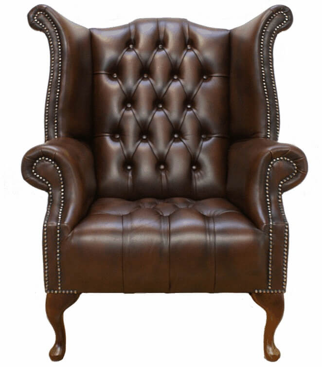 Product photograph of Chesterfield High Back Wing Chair Buttoned Seat Antique Brown Leather In Queen Anne Style from Chesterfield Sofas