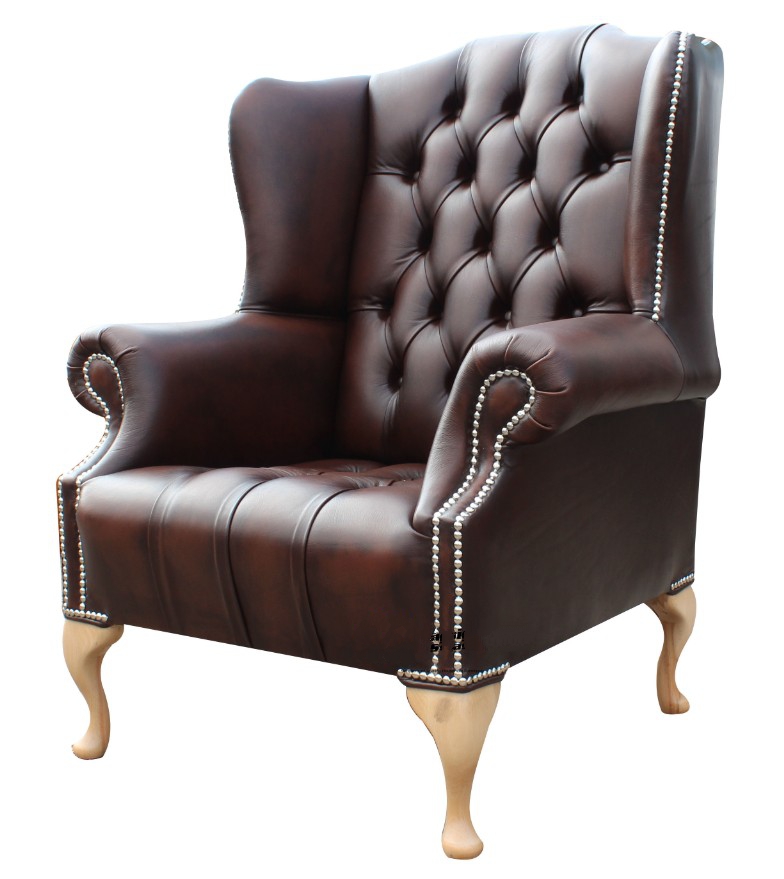 Product photograph of Chesterfield High Back Wing Chair Buttoned Seat Antique Brown Leather In Mallory Style from Chesterfield Sofas.