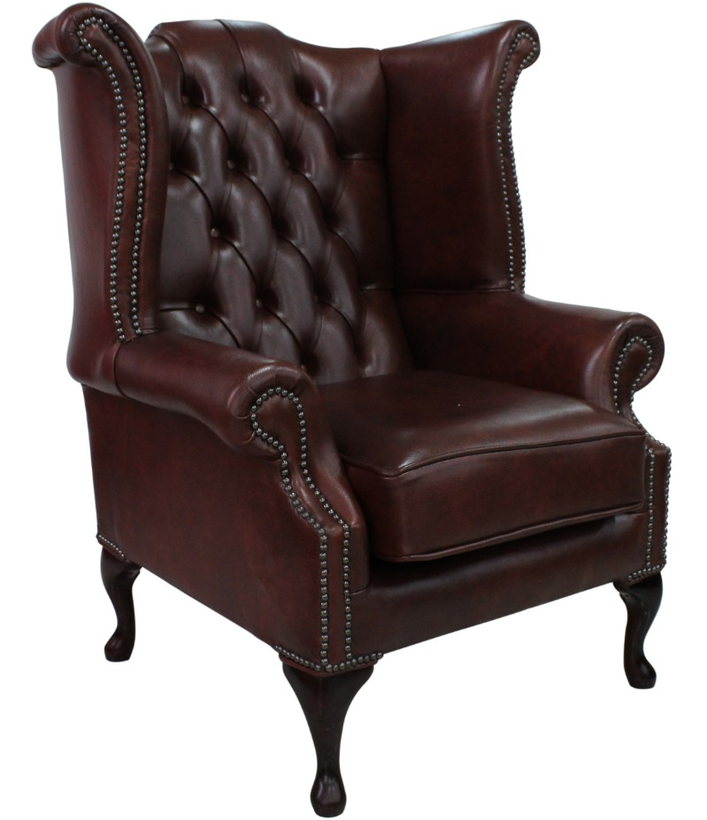 Product photograph of Chesterfield High Back Wing Chair Byron Conker Leather In Queen Anne Style from Chesterfield Sofas.