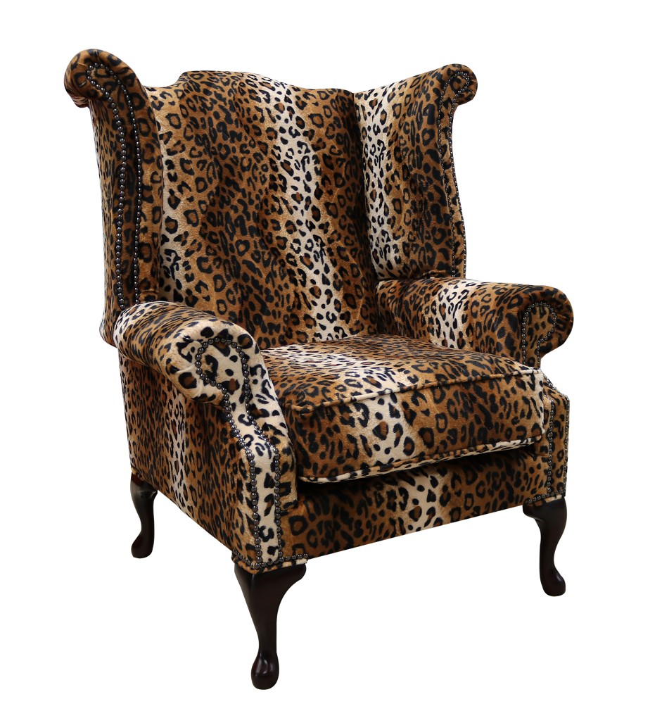 Product photograph of Chesterfield High Back Wing Chair Cheetah Animal Print Real Fabric In Queen Anne Style from Chesterfield Sofas