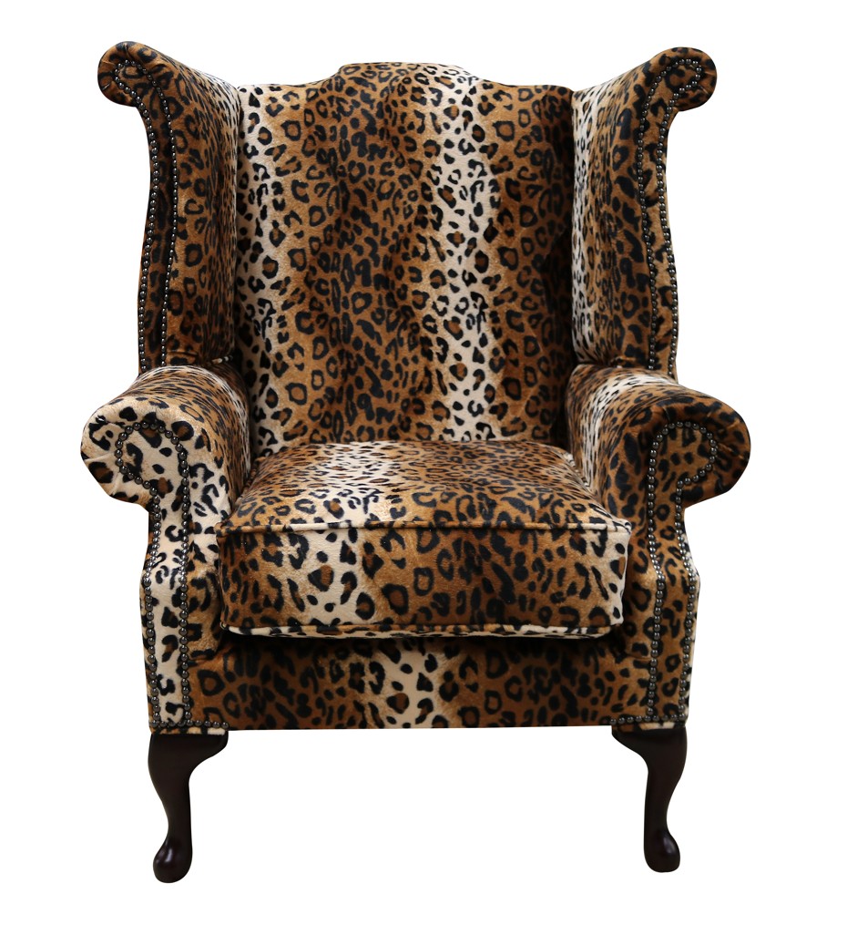 Product photograph of Chesterfield High Back Wing Chair Cheetah Animal Print Real Fabric In Queen Anne Style from Chesterfield Sofas.
